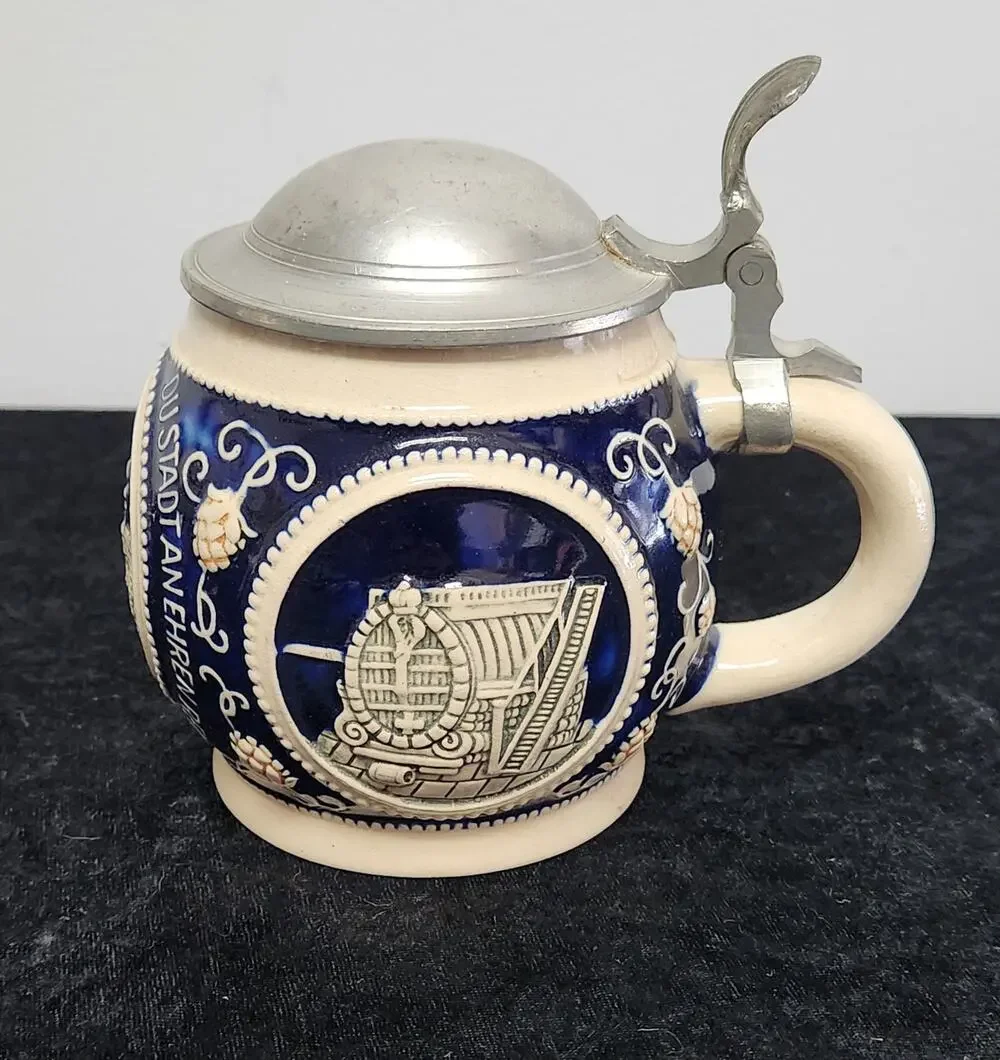 Vintage Stoneware Beer Stein w Pewter Lid Made in Germany